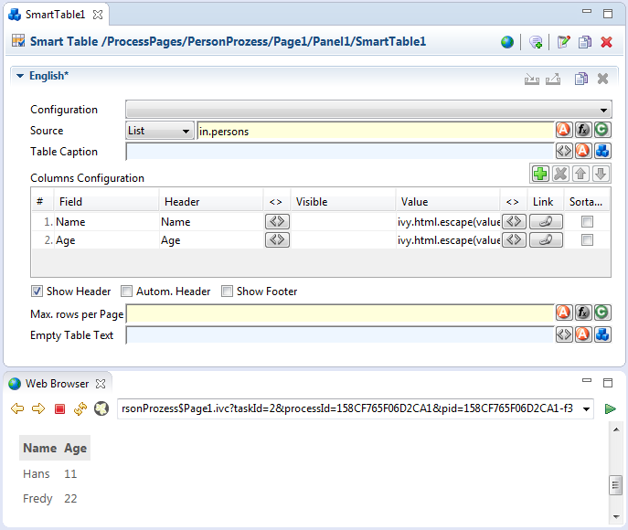 Screen shot of the smart 'Smart Table' configuration and is default presentation